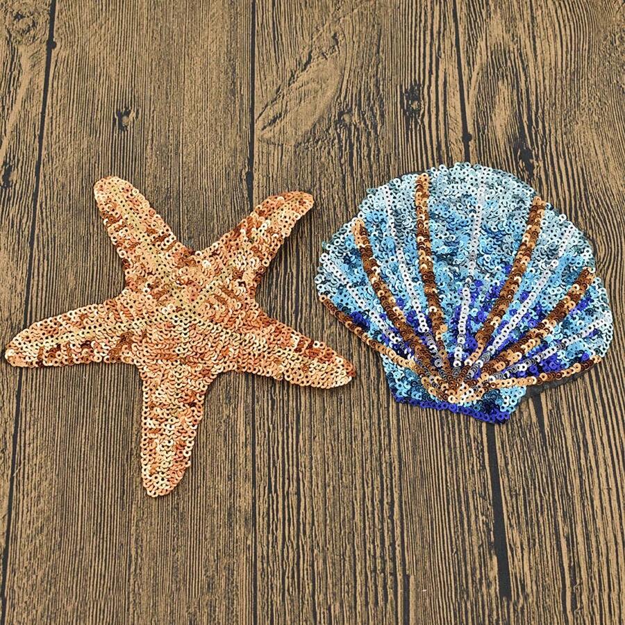 2pcs Sparkling Starfish & Shell Embroidered Cloth Patches For Clothing, Accessories, Bags (Non-Adhesive) - Multicolor - View 1