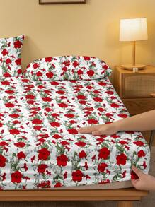 1pc Red Floral Vine Printed Brushed Fitted Sheet, Printed Bed Cover For Bedroom (Pillowcases Not Included)