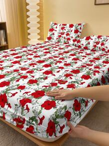 1pc Red Floral Vine Printed Brushed Fitted Sheet, Printed Bed Cover For Bedroom (Pillowcases Not Included)