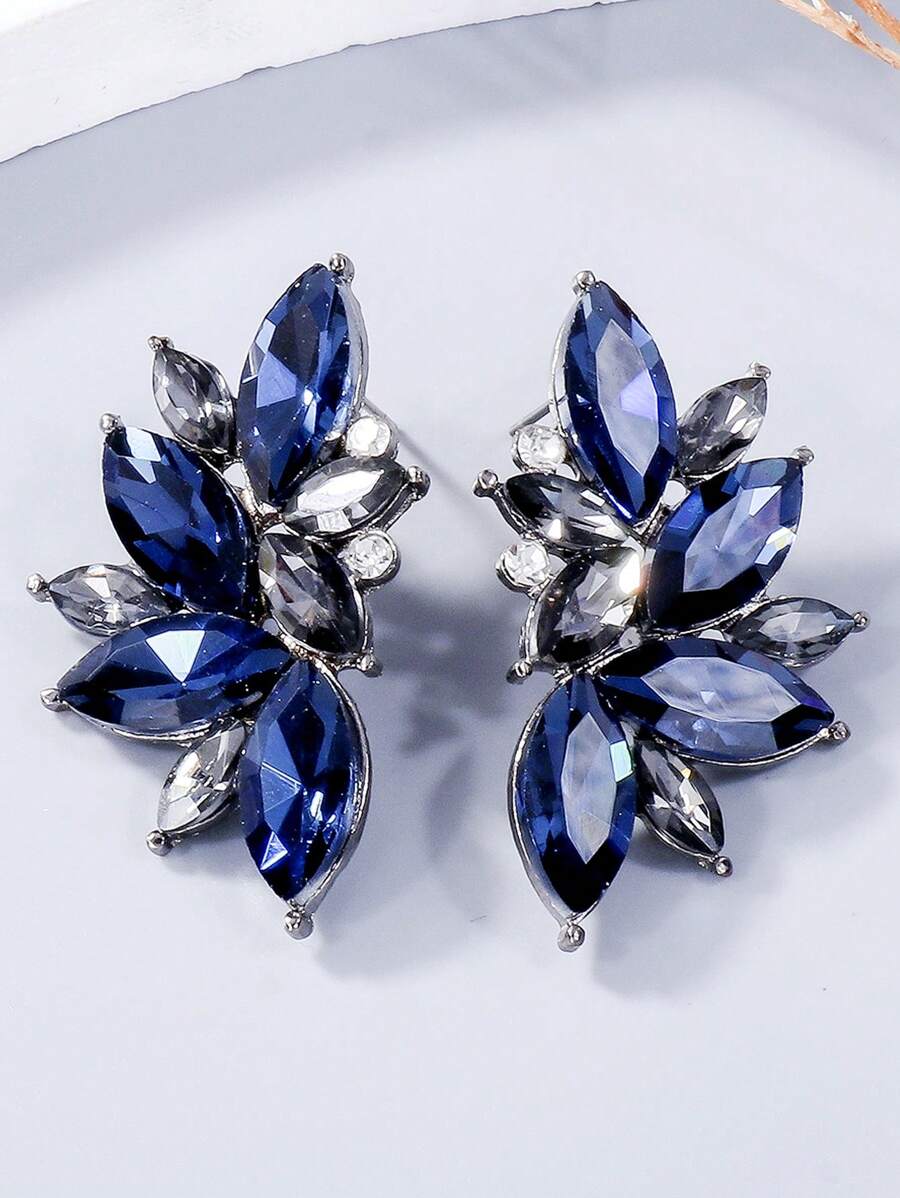 juran 1 Pair Of Glass Rhinestone Women Fan-Shaped Earrings Gift - Blue - View 1