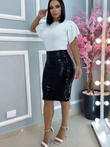 Saia Paetê Lindo Modelo Plus Size Brilho Cintura Alta Moda Evangélica - Lavagem clara - Visão 2