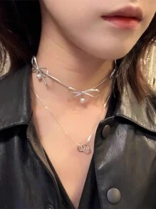 1 件韩国简约性感风格手工蝴蝶结皮革颈链，适合女士，带人造珍珠装饰，高端锁骨链，情人节、妈妈、母亲、母亲节、礼物 - 蝴蝶結 - 查看 4