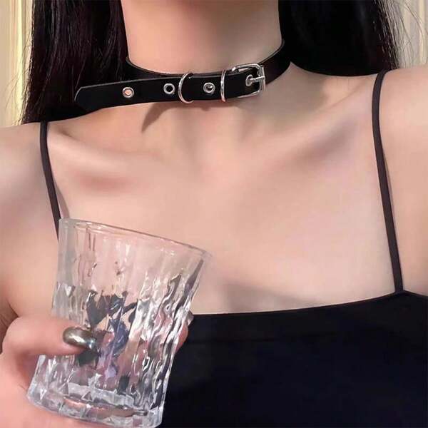 1pc Personalized Punk Rock Style Black Leather Choker Necklace For Cool Girls' Party Accessories