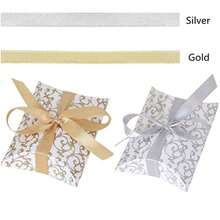 50pcs White Cardboard Pillow Candy Box With Ribbon Pattern, Gold, For Wedding Packaging - Gold - View 2