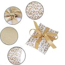 50pcs White Cardboard Pillow Candy Box With Ribbon Pattern, Gold, For Wedding Packaging - Gold - View 5