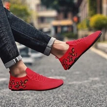 1雙男款豹紋打印透氣網布平織底鞋，夏季男士休閒運動鞋 - 紅色 - 查看 8