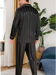 Men's Silk Satin Pajamas Long Sleeve Loungewear Two-Piece Sleepwear Button-Down Pj Set - Black - View 3