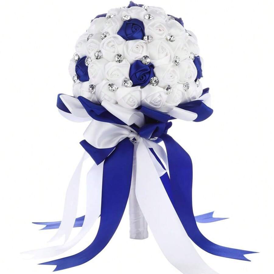 1束人造花束，配缎带，布艺玫瑰新娘伴娘花束，婚礼派对花卉布置 - 藍白色 - 查看 1