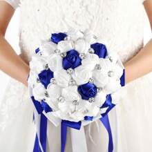1束人造花束，配缎带，布艺玫瑰新娘伴娘花束，婚礼派对花卉布置 - 藍白色 - 查看 2