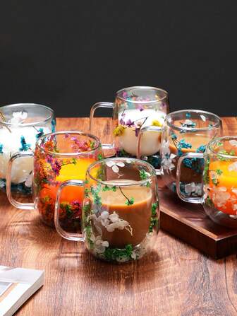 Double-Layer Glass Cup With Real Flowers, Highly Attractive And Creative Coffee Mug With Handle For Home, Internet Celebrity Flowing Sand Glass Cup With Dried Flowers