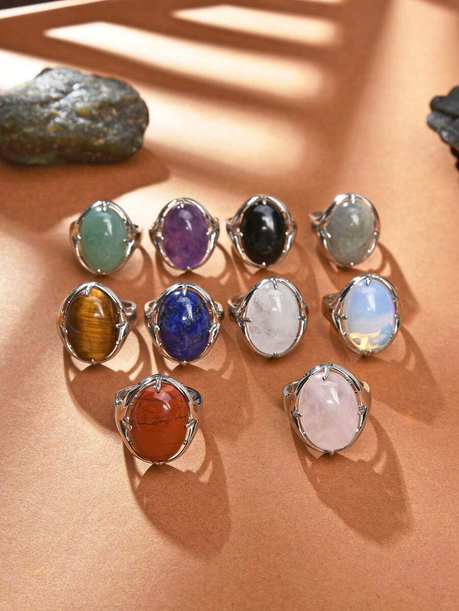 1pc Natural Quartz Crystal Smooth Egg-Shaped Open Ring For Men