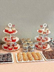 5件三层多功能欧式蛋糕架带分隔托盘（2件三层蛋糕架和3件矩形托盘），适用于零食，水果，广泛适用于茶会，聚会，装饰，纸杯蛋糕，甜甜圈，水果等，厨房，圣诞礼物 - 白色 - 查看 5