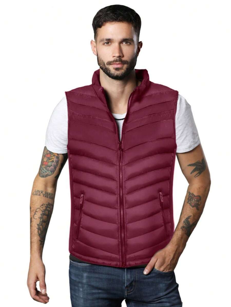 MILAN Sleeveless Zipper Padded Coat - Burgundy - View 1