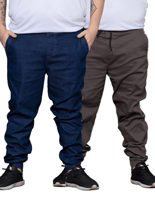 kit 02 calças jogger plus size masculina sarja jeans G1 G2 G3 G4 variadas linha premium