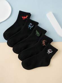 5 Pairs Of Interesting, Personalized, Cartoonish And Cute Basic Embroidered Dinosaur Pattern Children's Mid-Calf Socks, Sports Socks, All-Season Style, European And American Sizes, Comfortable, Breathable And Durable, Rich In Colors, Suitable For Daily Wear, Made Of High-Quality Fabric, Not Stuffy Feet. - Black - View 1