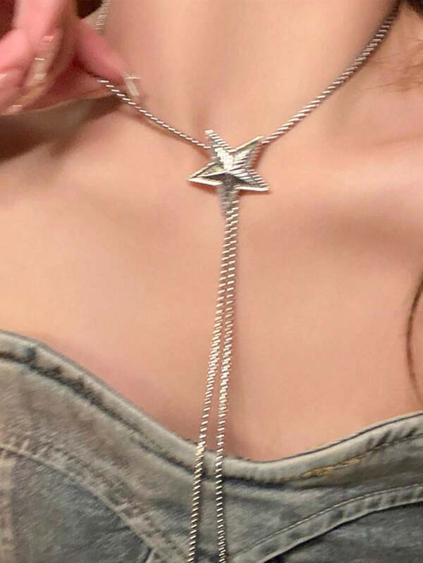 1pc Vintage Elegant Five-Pointed Star Pendant Long Pull Chain Necklace For Women's Evening Party Jewelry