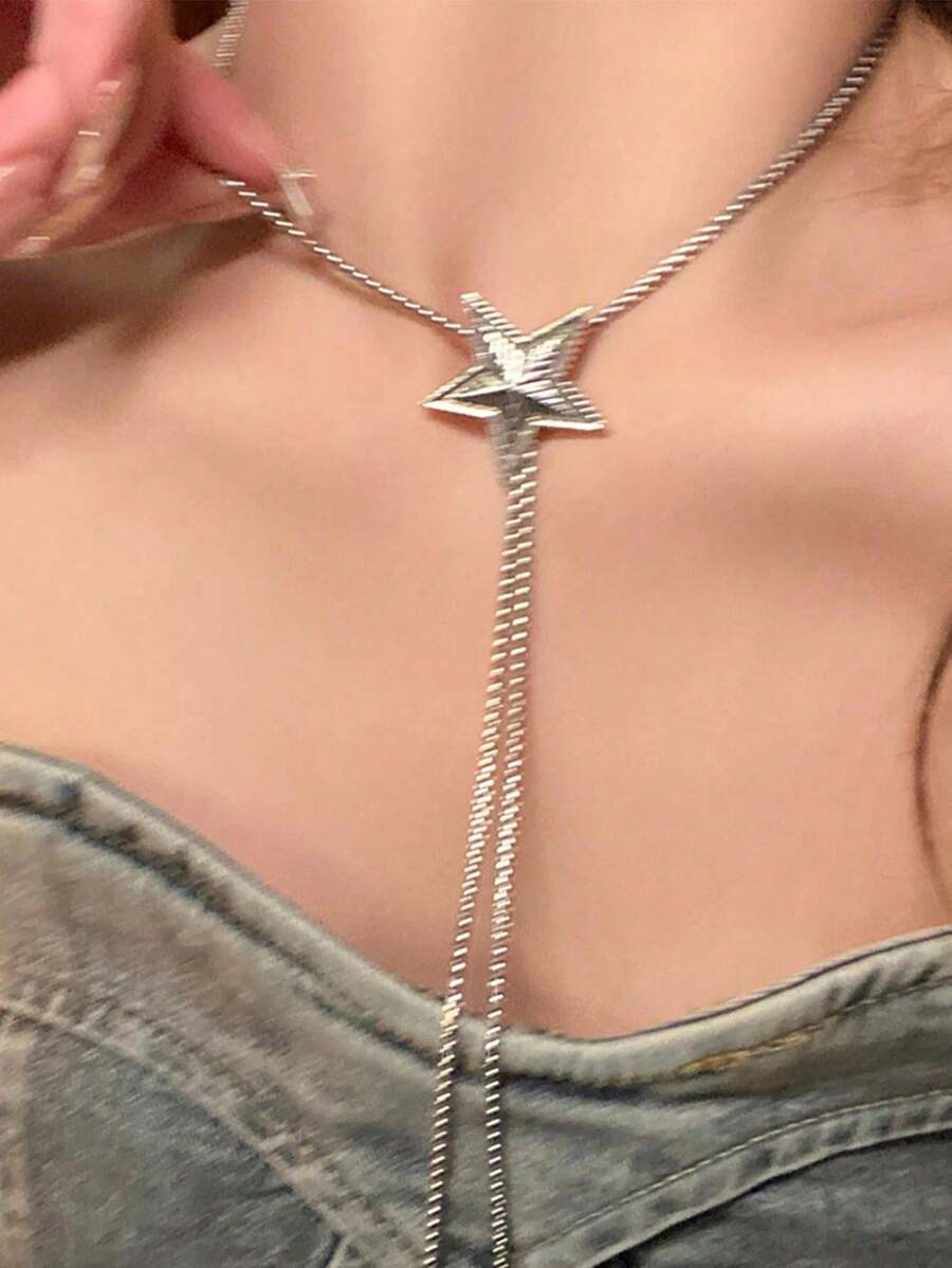 1 Pieza De Collar Largo Con Colgante Vintage Y Elegante De Cinco Puntas De Estrella Para Joyería De Fiesta Nocturna De Mujeres