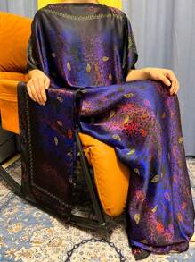 1 件女士真丝雪纺宽松印花轻质围巾披肩，适合防晒、休闲装和室内使用 - 一套馬來服披肩 - 查看 4