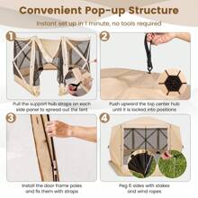 Coffee/Green- 11.5 X 11.5 Ft 6-Sided Pop-Up Canopy Screen Tent With Mesh Walls, 2 Detachable Wind Panels, Zippered Door, Carry Bag, Stakes, And Ropes For Camping, Backyard, And Beach Shade Shelter