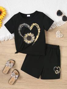 Young Girls' Summer Casual Heart & Flower Printed Short Sleeve T-Shirt And Shorts Set - Black - View 1