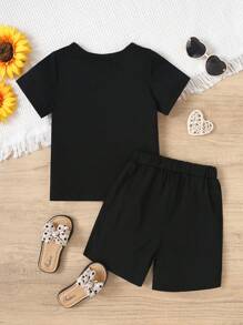 Young Girls' Summer Casual Heart & Flower Printed Short Sleeve T-Shirt And Shorts Set - Black - View 2