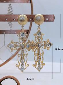 Pendientes largos con diamante de imitación decoración cruzada - Dorado - Ver 5