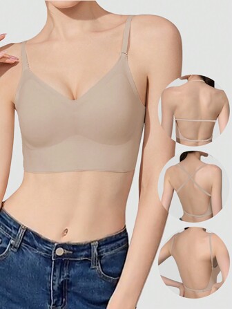 节日季超薄文胸新娘内衣性感女士内衣低背类似露背文胸内衣深V低胸可爱聚拢文胸内衣女式透气Bralette加厚学生文胸适合女生小胸