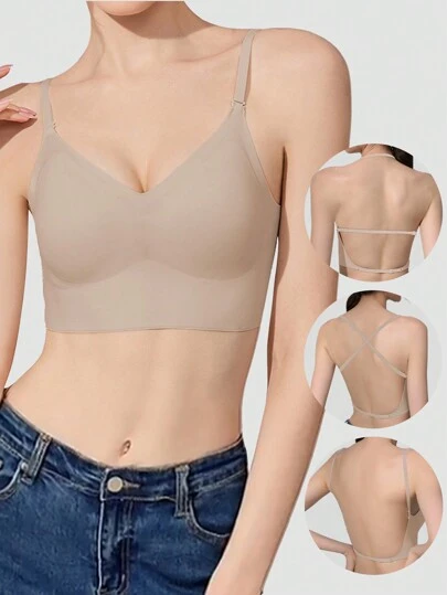 假日季超薄文胸，性感女士内衣，低背设计，类似无背文胸，深V低领可爱聚拢文胸，女士透气加厚文胸，适合小胸女孩