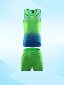 一套男士成人運動服，採用聚酯纖維面料製成，圓領設計，條紋和拼接圖案，適合戶外運動，跑步和健身 - 綠色 - 查看 2