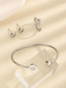 4pcs Set Titanium Steel Rhinestone Roman Swing Bracelet, Ring And Earrings, Minimalist Fashion Young Style Gift For Girlfriend, Stainless Steel Jewelry - Steel Color 1 - View 2