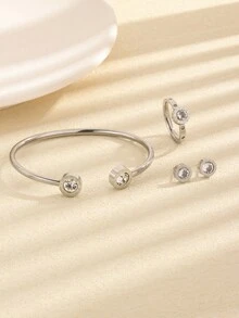 4pcs Set Titanium Steel Rhinestone Roman Swing Bracelet, Ring And Earrings, Minimalist Fashion Young Style Gift For Girlfriend, Stainless Steel Jewelry - Steel Color 1 - View 1