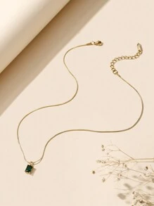 1pc Men Fashionable Exquisite Stainless Steel Round Snake Chain Square Green Cubic Zirconia Pendant Necklace