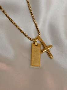 MECYLIFE 1pc Personalized Scripture Cross Pendant Stainless Steel Men's Necklace - Yellow Gold - View 7