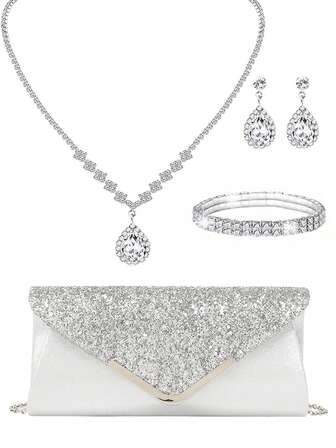 LETODE BAG 4件鑲鑽珠寶套裝，閃耀頸鍊耳環手鐲套裝，手拿包+晚宴包+婚禮手拿包，適用於派對、婚禮、舞會、晚宴/宴會，與婚紗、正式禮服、晚禮服、生日派對裙、女士派對裝搭配完美