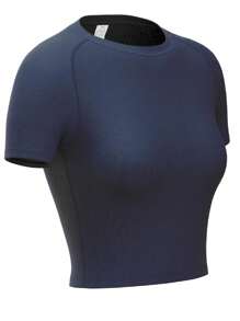 Women's Quick Dry Compression Workout T-Shirt With Short Sleeves, Round Neck And Open Belly Design For Running And Fitness Training Gym Top Tight Shirts