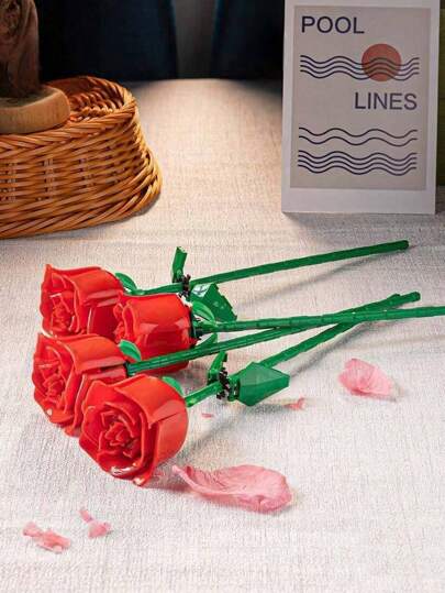 1 st. tegelrosblomkruka, alla hjärtans dag-rosbukett med evig blomma, pusselleksak, rumsdekor, vintergåva, färgglada klossar