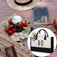 1 件/2 件，首字母帆布手提包附赠化妆包，个性化礼品包，适合婚礼、生日、海滩、节日、书包，是送给女性、妈妈、老师、朋友、伴娘、学生的绝佳礼物，大包，返校，简约大容量手提包，便携式休闲收纳手提包，多功能购物袋 - 黑與白 - 查看 10