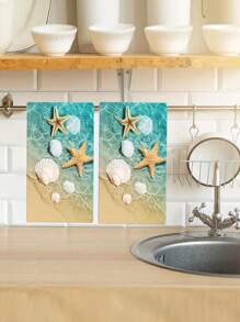 2pcs 400gsm Thick Super Soft Microfiber Starfish & Shell Printed Modern Minimalist Design Water-Absorbing Non-Shedding 17.7"X27.6" Rectangular Towels, Versatile For Kitchen, Bathroom, Living Room, Bedroom, Great Gift For Parents And Friends