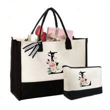 1 件/2 件，首字母帆布手提包附赠化妆包，个性化礼品包，适合婚礼、生日、海滩、节日、书包，是送给女性、妈妈、老师、朋友、伴娘、学生的绝佳礼物，大包，返校，简约大容量手提包，便携式休闲收纳手提包，多功能购物袋 - 黑與白 - 查看 12