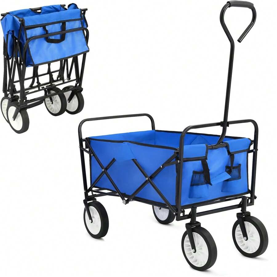 Carro plegable de mano de mano, carro de jardín, carrito de playa, carro de transporte, soporte de bebidas con bolsillo lateral, carga máxima 100 kg