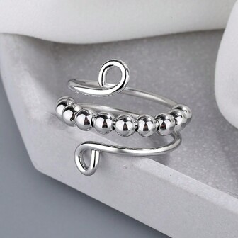 1pc Stainless Steel Rotatable Anxiety Relieving Ring, Adjustable Size, Creative Worry Beads Fidget Ring For Women Jewelry Gift