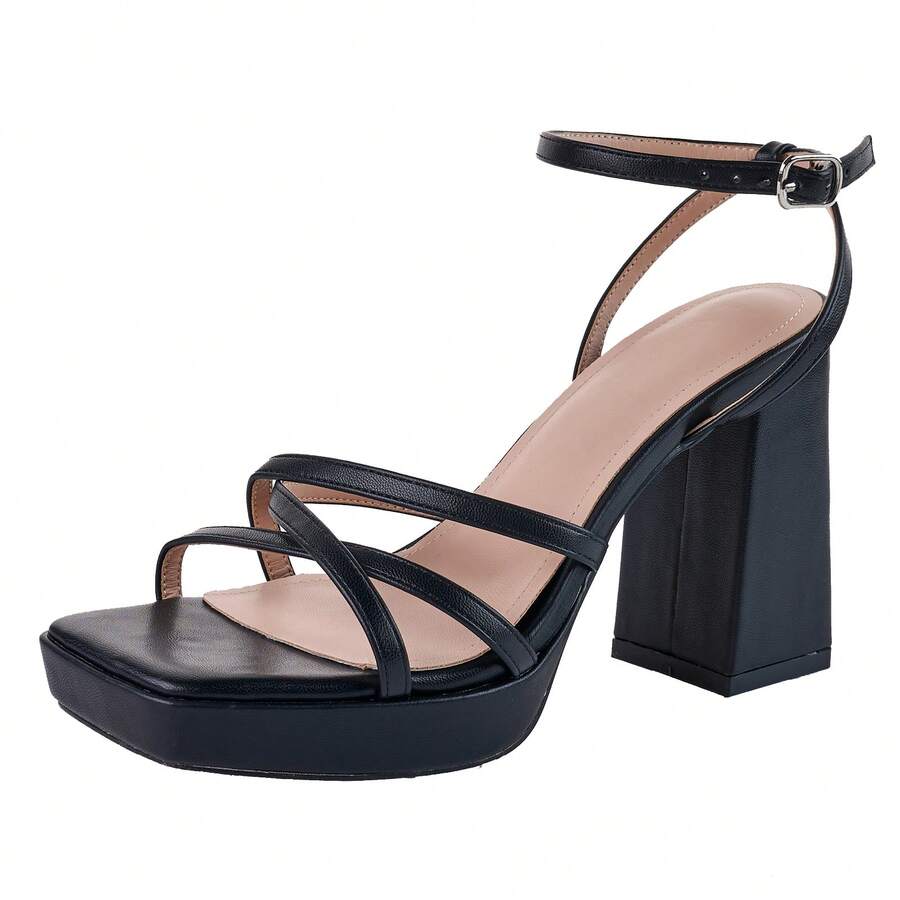 White Platform Heels For Women Chunky Block Heeled Sandals With Ankle Strap Square Open Toe For Wedding Party Dress - 黑色 - 查看 1