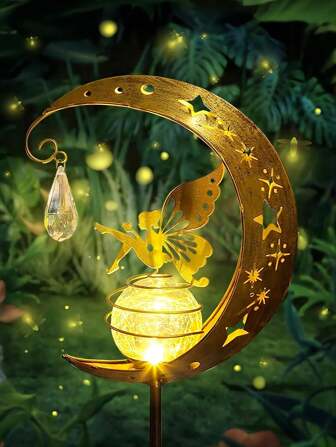 2 piezas/1 pieza Luces solares de estaca de hadas con decoración de luna para el patio trasero, decoración de arte para el jardín, decoración exterior, regalos de decoración de ángel para el jardín, ornamentos para el césped exterior, bola de vidrio craquelado para la decoración del paisaje del patio, decoración de otoño para la casa, decoración exterior