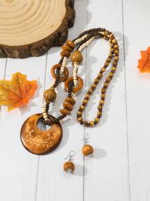 3入組珠串米珠鏈方形印花吊墜時尚復古假日風格女性珠寶套裝 - 彩色 - 查看 2