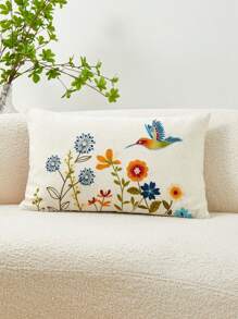 1pc Colorful Flower & Hummingbird Embroidery Pillowcase, Suitable For Indoor Decoration, All Seasons Universal Pillow Cover - Multicolor - View 7