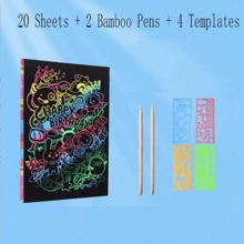 Un set di carte arcobaleno grattare, Blocco Note nero artigianale per graffiare, e modello di penna di scrittura in legno, ottimo per regali fai-da-te per bambini