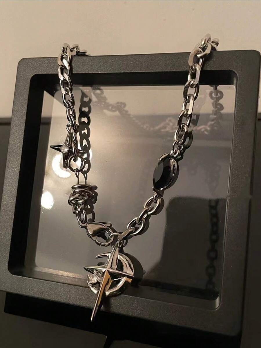 1 件男士黑色宝石芒星吊坠，嘻哈街头项链，男士优雅服饰万圣节父亲节礼物学校万圣节配饰朋克