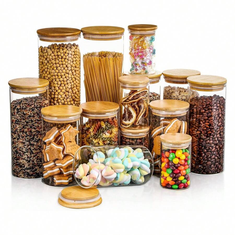 14 Pack Glass Storage Jars, Clear Airtight Kitchen Food Storage Containers For Supply Sugar Flour Coffee Pantry Candy Pasta Cookie - Multicolor - View 1