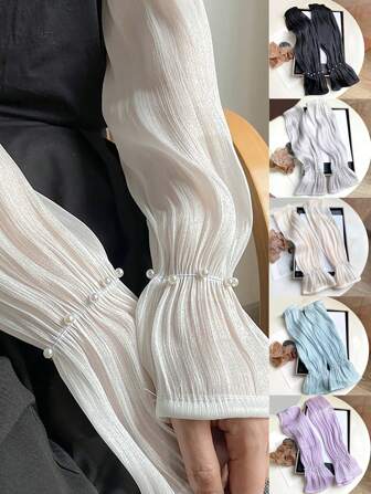 Un par de mangas de brazo de seda de hielo de color sólido con decoración de perlas, protector solar, frescas, suaves, transpirables, resistentes a los rayos UV, holgadas, adecuadas para ciclismo al aire libre, conducción y bodas, para proteger los brazos en verano para mujeres