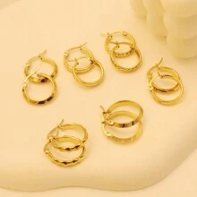 PMKMKM 6 Pairs Of Simple Stainless Steel 18K Gold Plated Round Earrings With Various Patterns - Gold - View 9